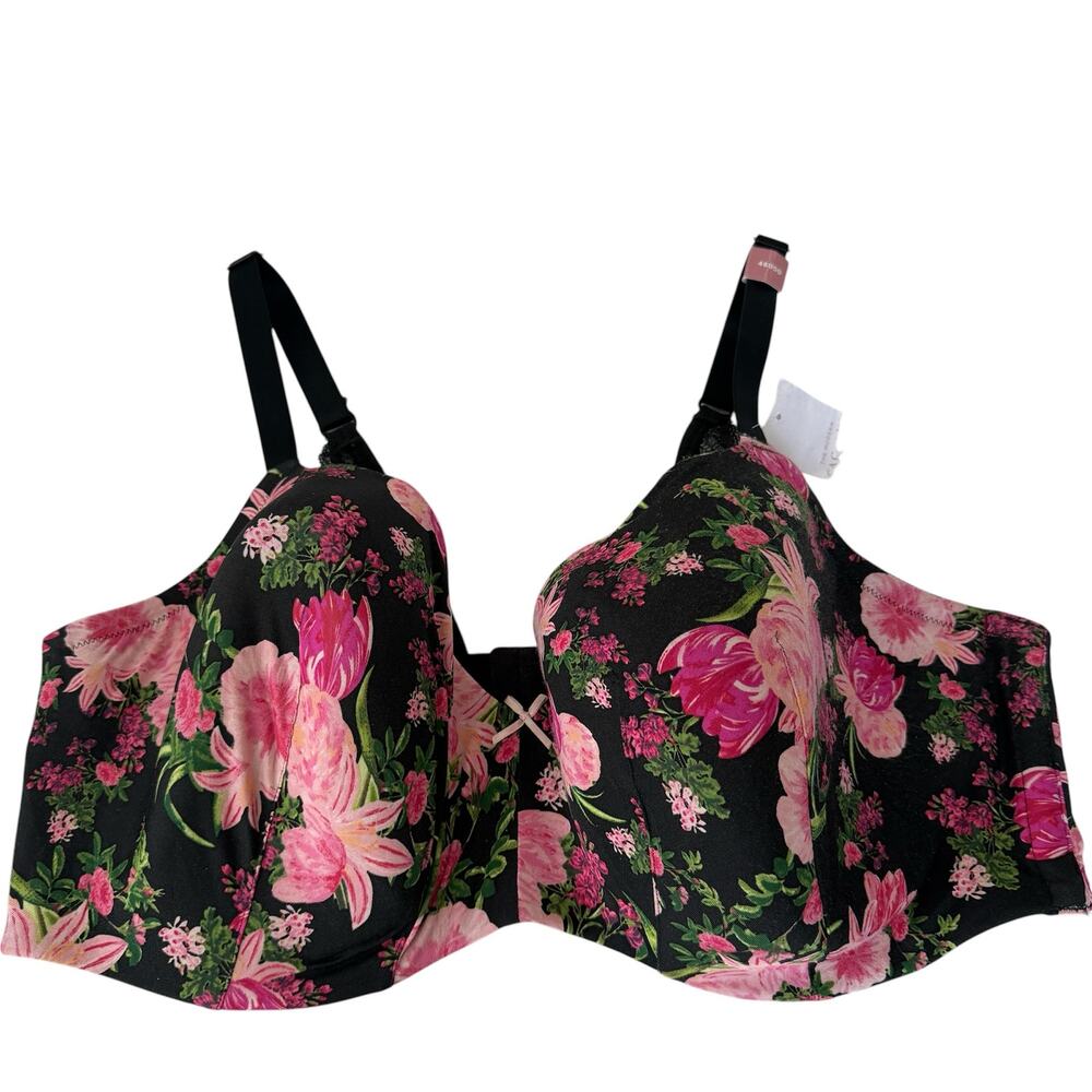 Cacique Lightly Lined Balconette Black Pink Floral Print Plus Bra Size 46DDD NEW